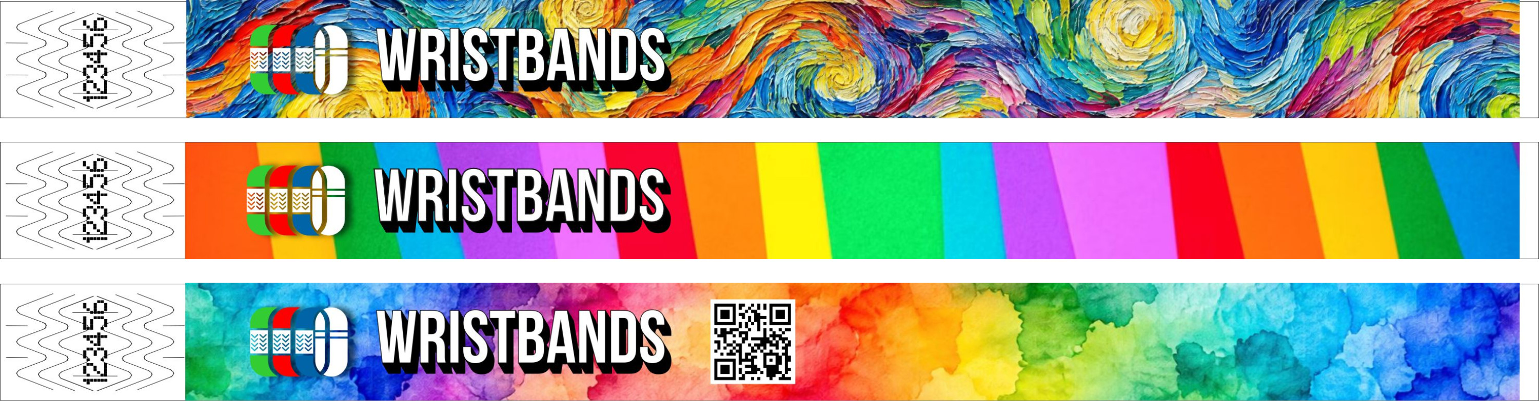 Trois bracelets imprimés en quadrichromie&nbsp;: un tableau, des aplats de couleur et un QR code