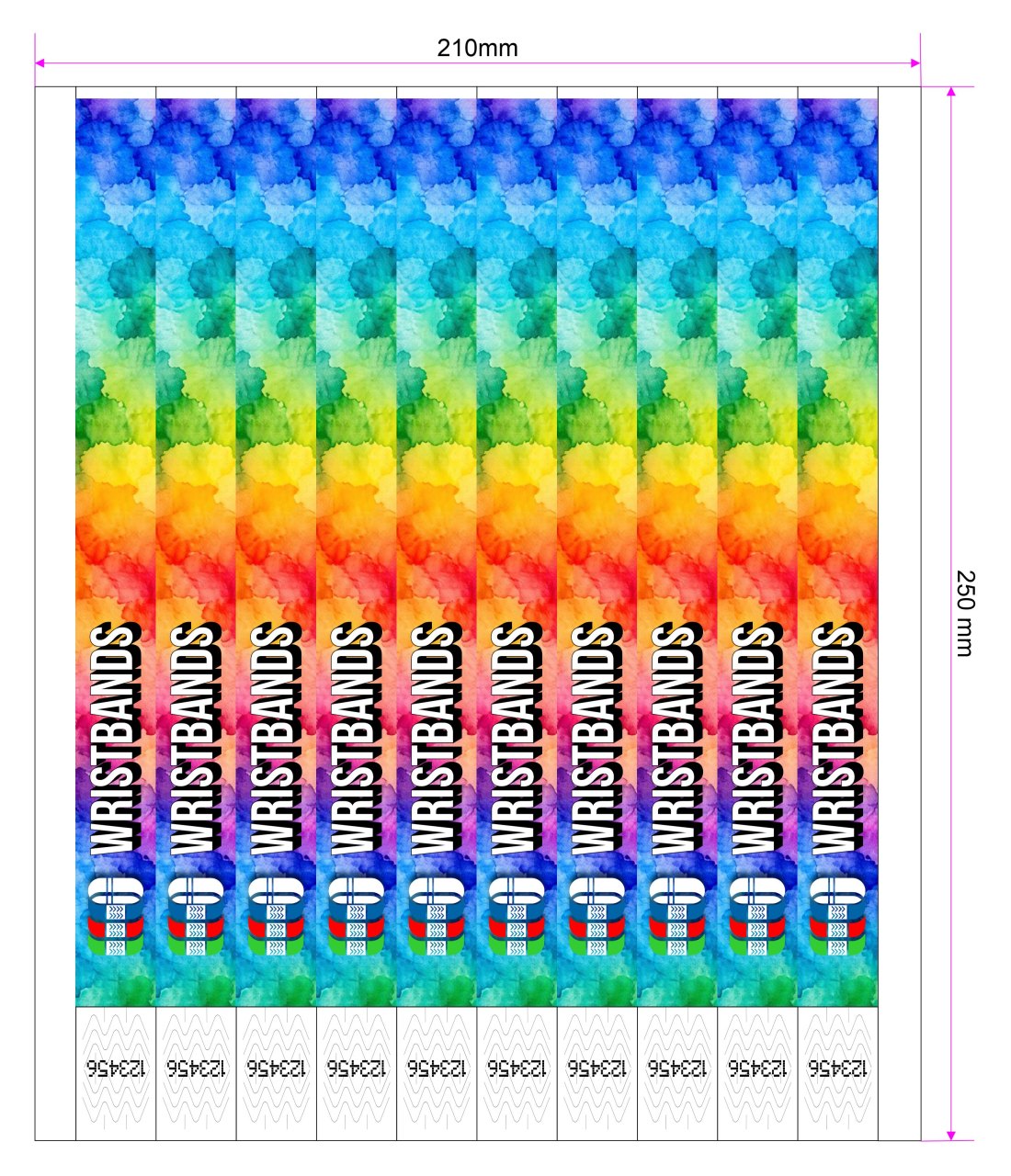 Une feuille terminée : le même visuel répété sur les dix bracelets, la zone du numéro de série laissée libre