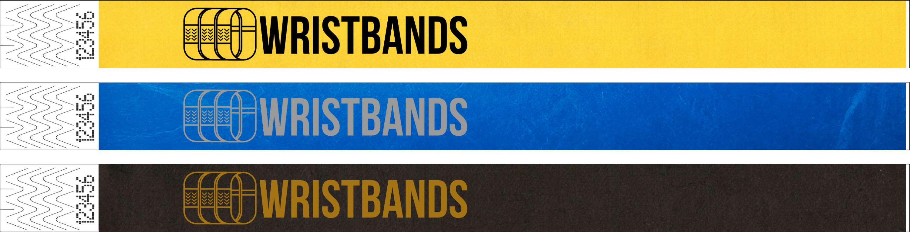 Trois bracelets Tyvek imprimés en noir, argent et or