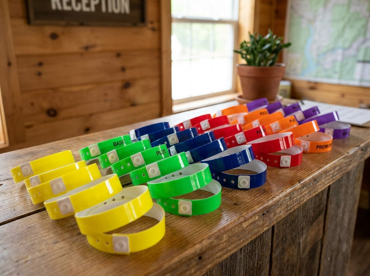 Bracelets vinyle colorés par niveau de formule tout compris dans un camping, disposés sur un comptoir de réception